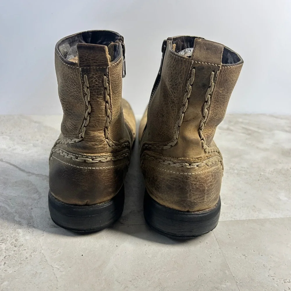 Bed Stu Distressed Tan Leather Whipstitch Side Zip Boots Mens 8.5 Rustic Rugged